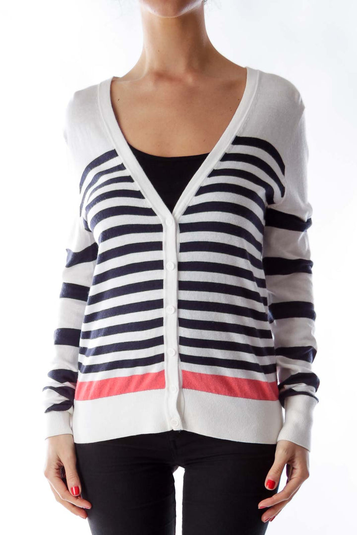 White Color Stripe Cardigan