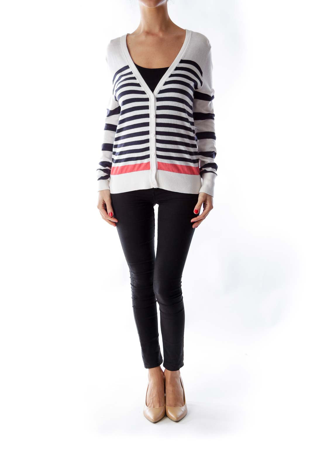 White Color Stripe Cardigan