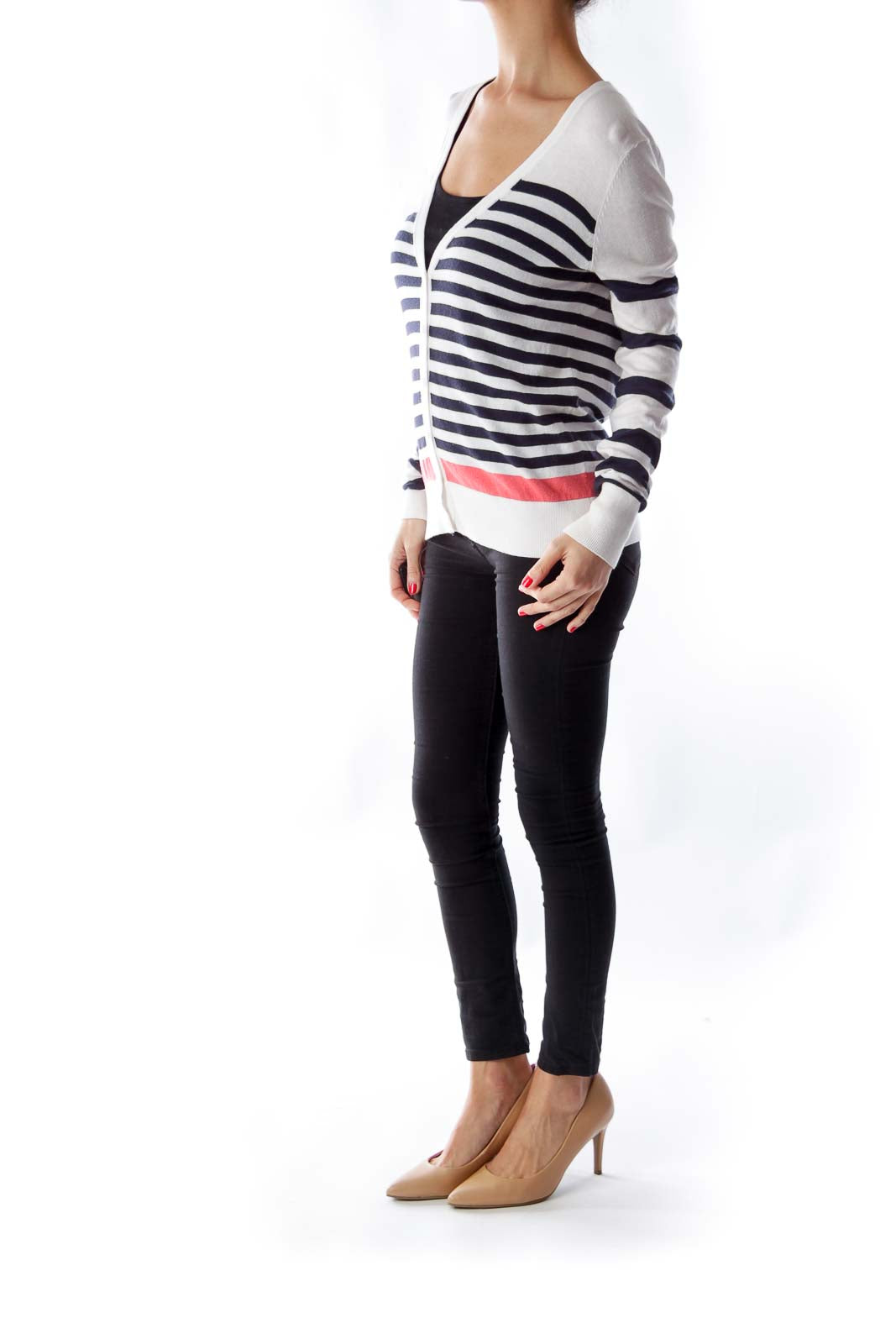 White Color Stripe Cardigan