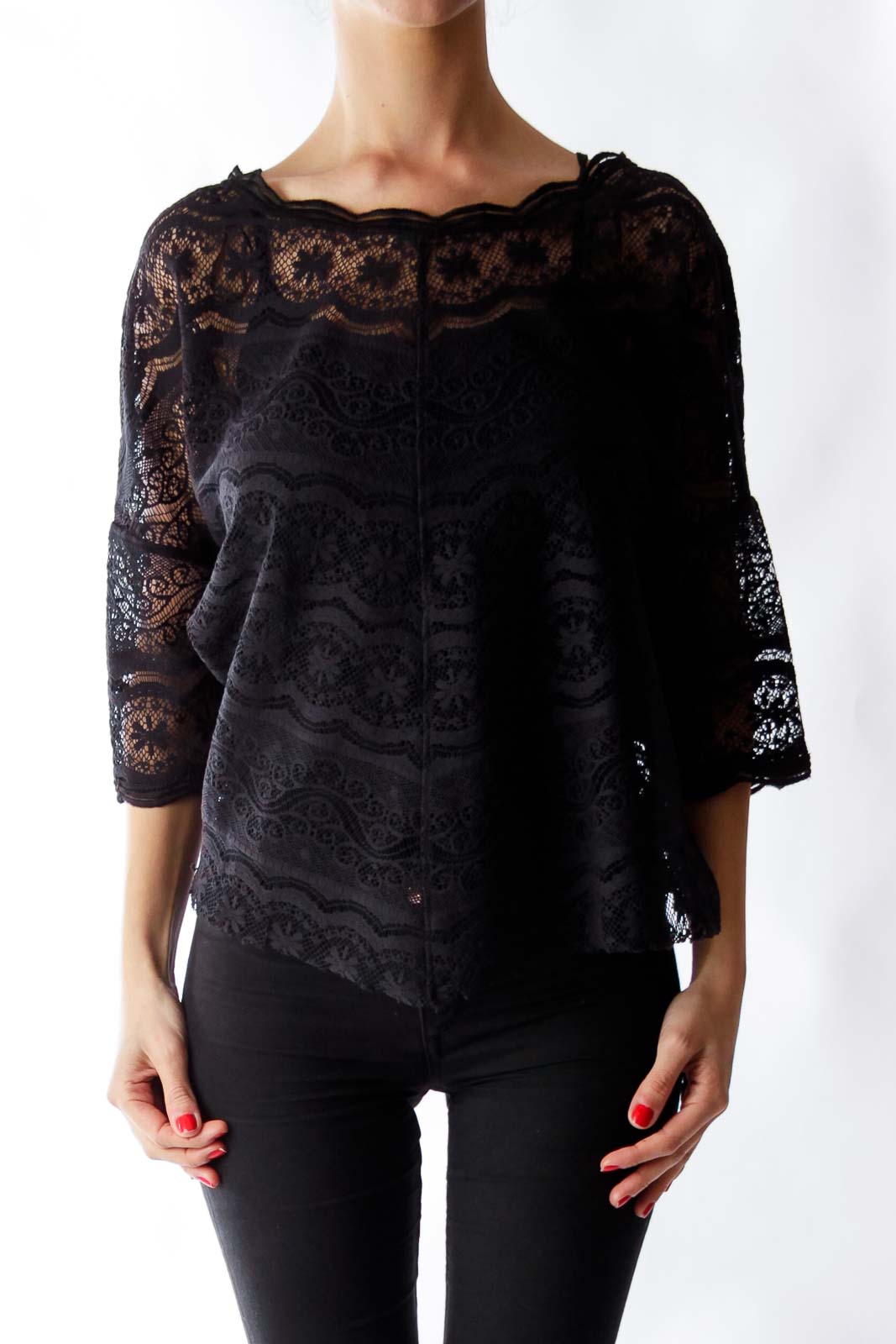 Front view of Free People black lace overlay sheer top with scalloped neckline