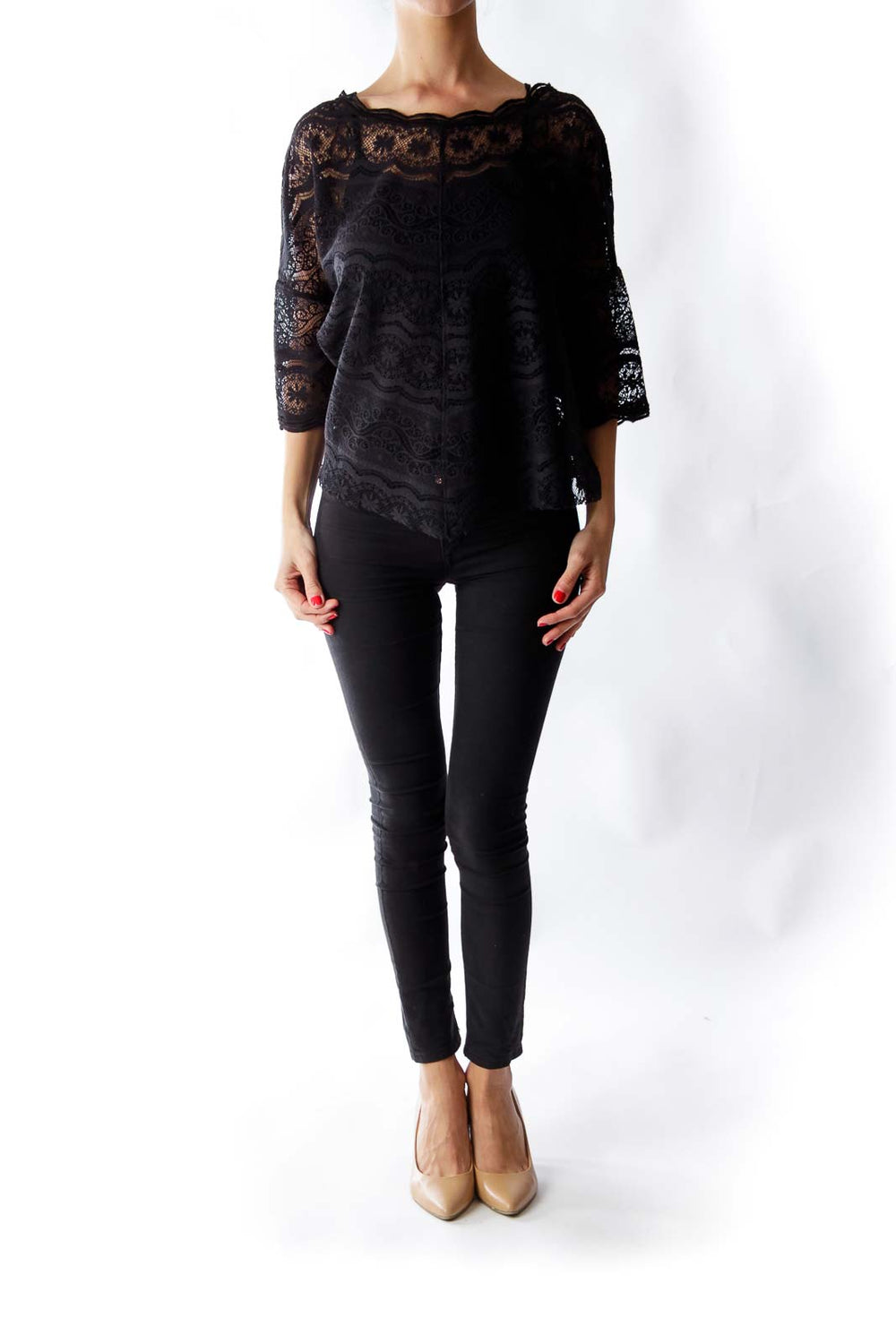 Front view of Free People black lace overlay sheer top with scalloped neckline