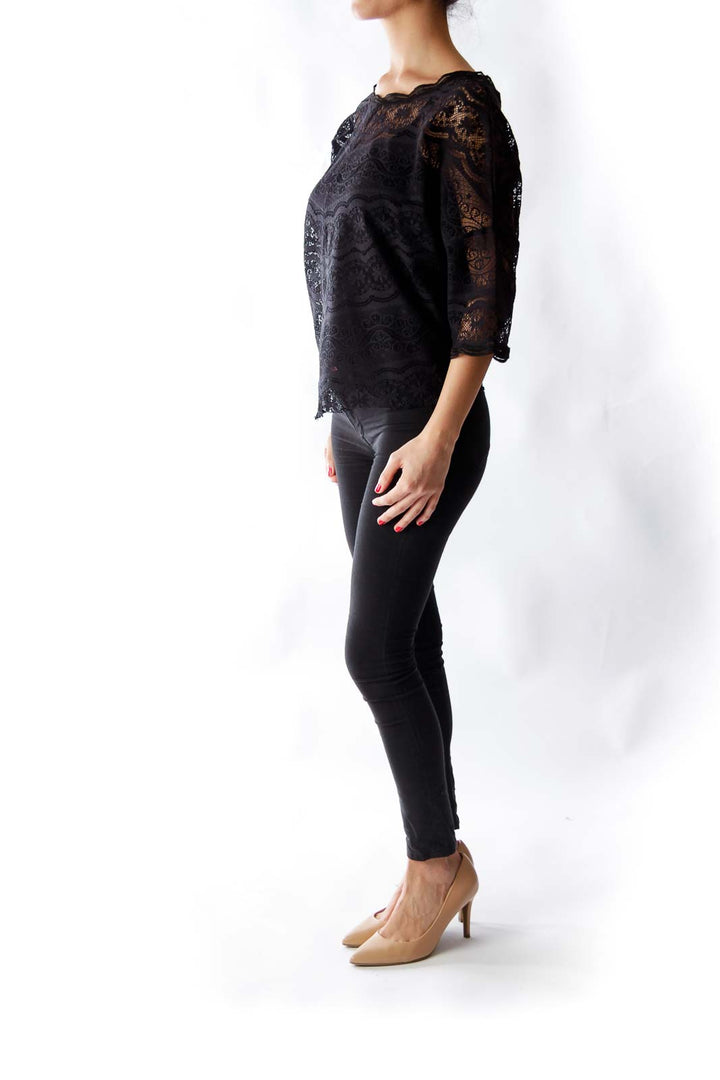 Front view of Free People black lace overlay sheer top with scalloped neckline