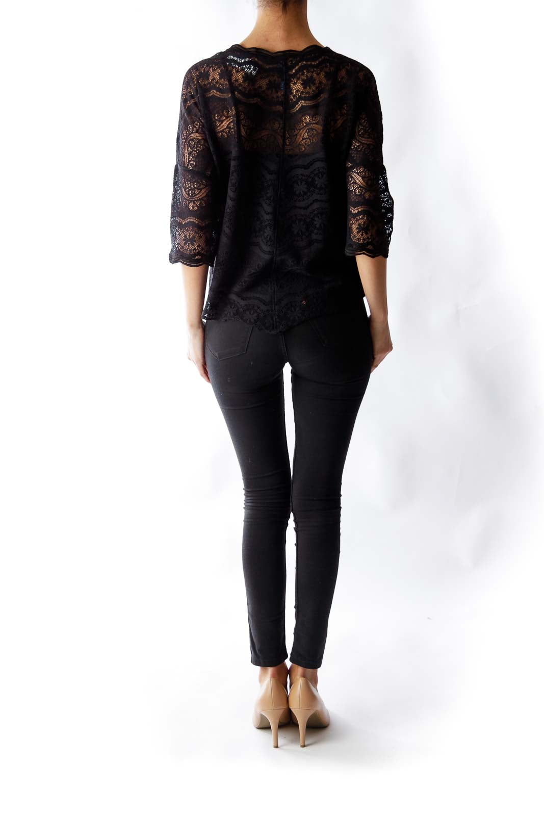 Back view of Free People black lace overlay sheer top showing intricate pattern