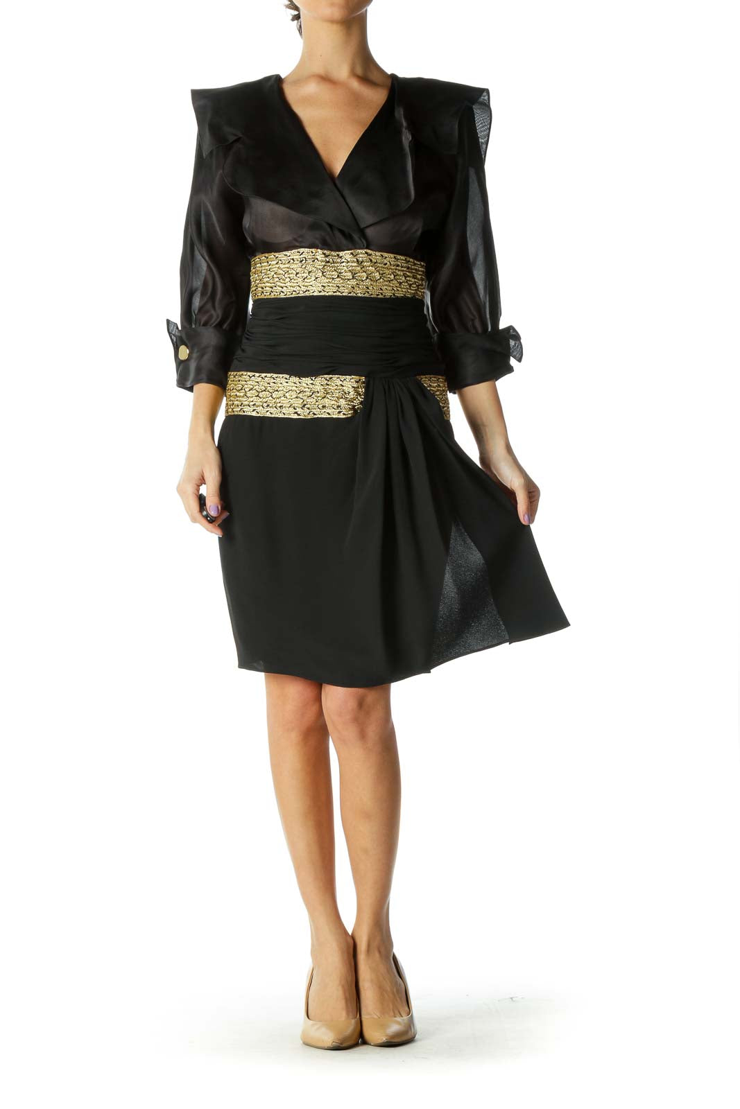 Black & Gold Puff Sleeve Evening Gown