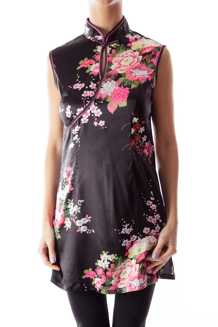 Black Flower Print Qipao