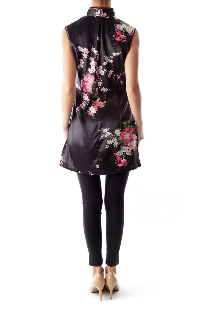 Black Flower Print Qipao