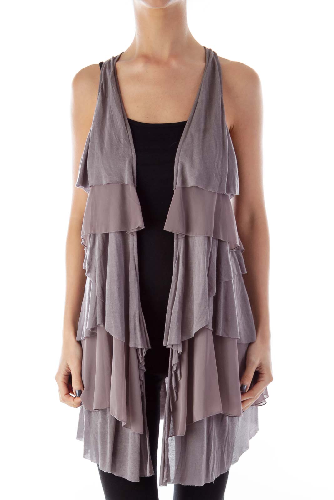 Front view of Free People gray layered ruffled sleeveless vest