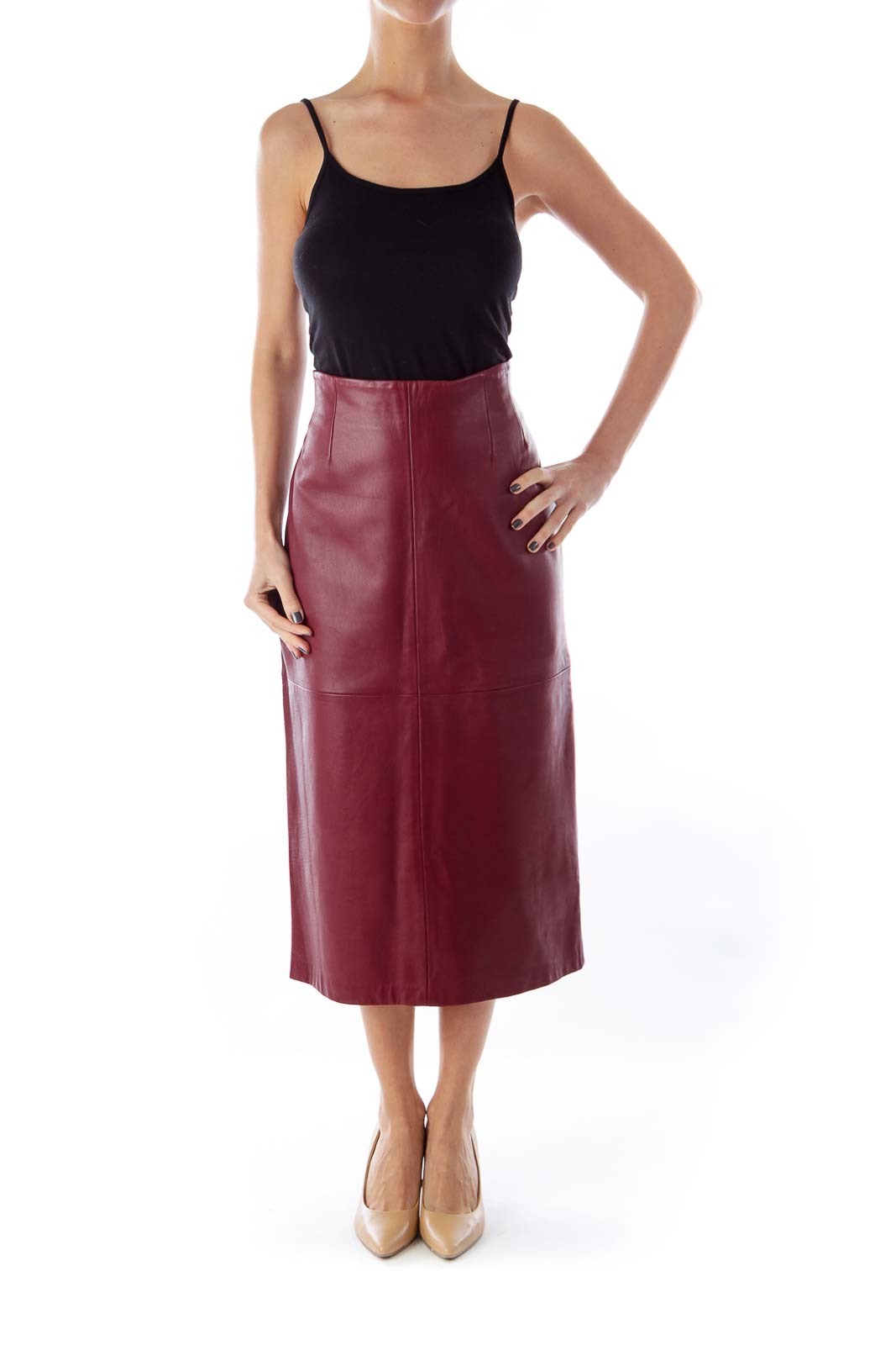 Burgundy Midi Leather Skirt