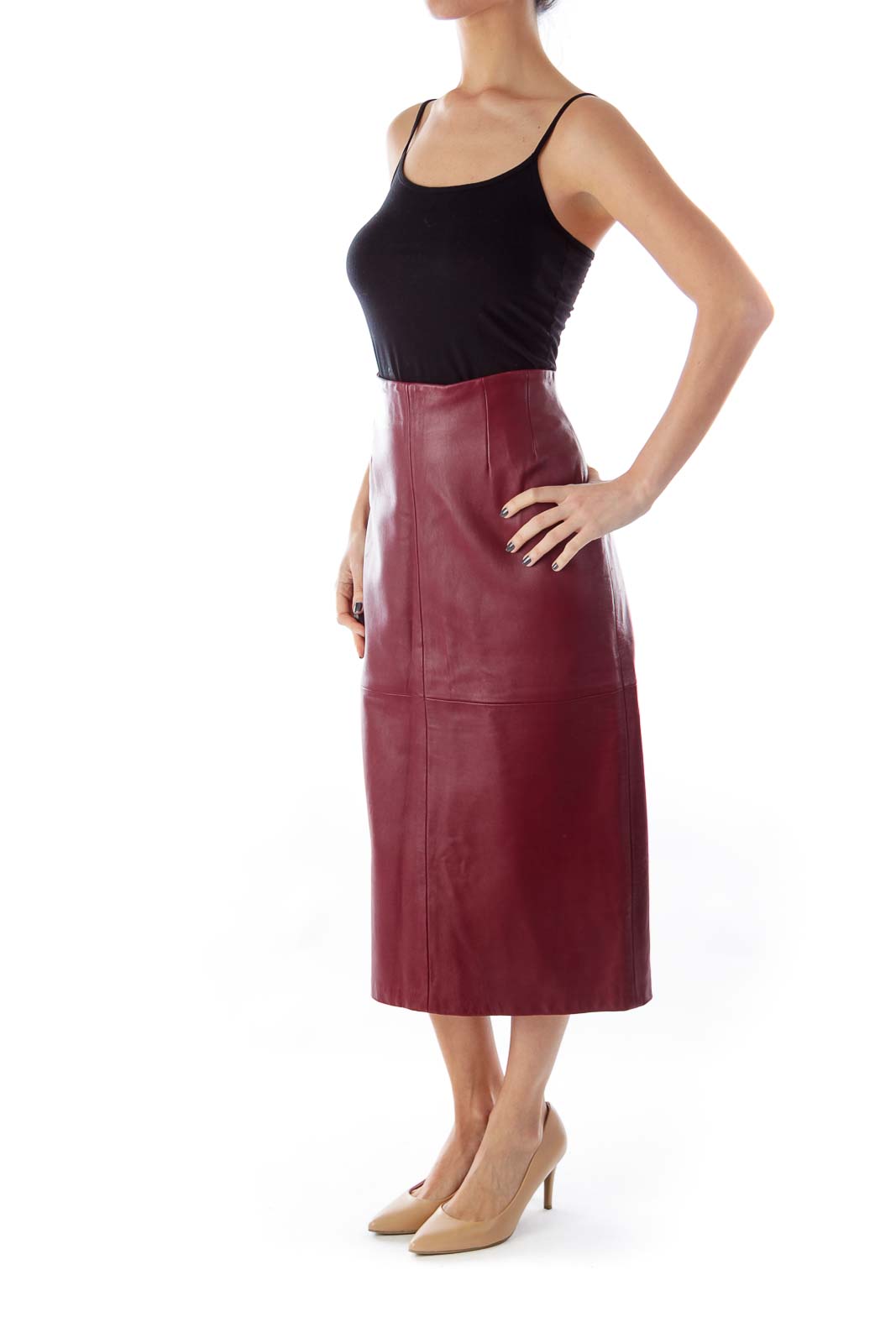 Burgundy Midi Leather Skirt