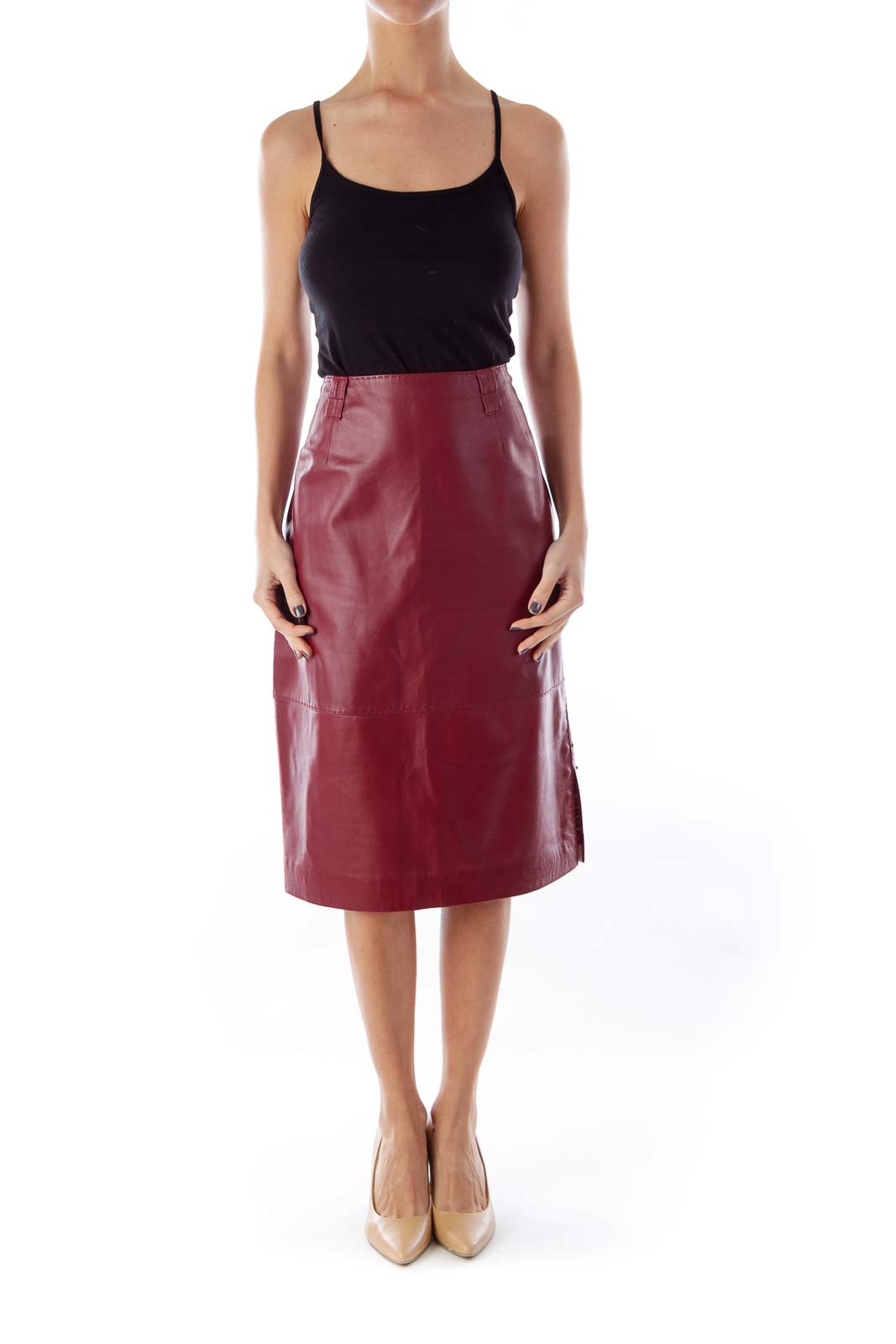 Red Leather Midi Skirt