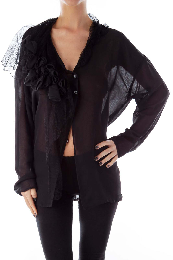 Black Lace Detail Open Shirt