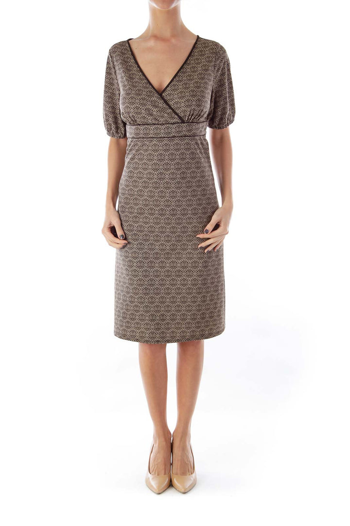 Black & Beige Print Wrap Dress