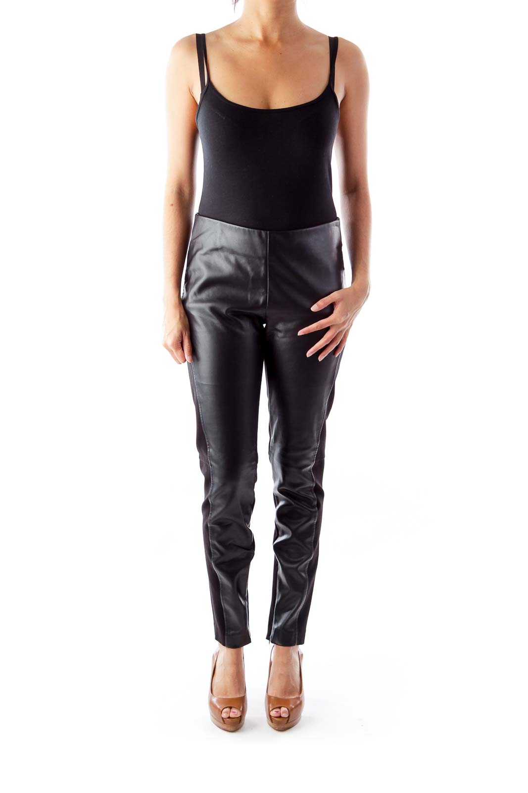 Black Faux Leather Front Leggings