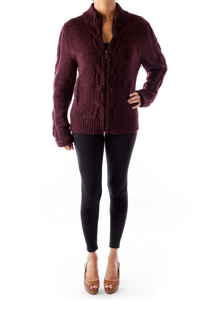 Burgundy Zipper Knit Jacket