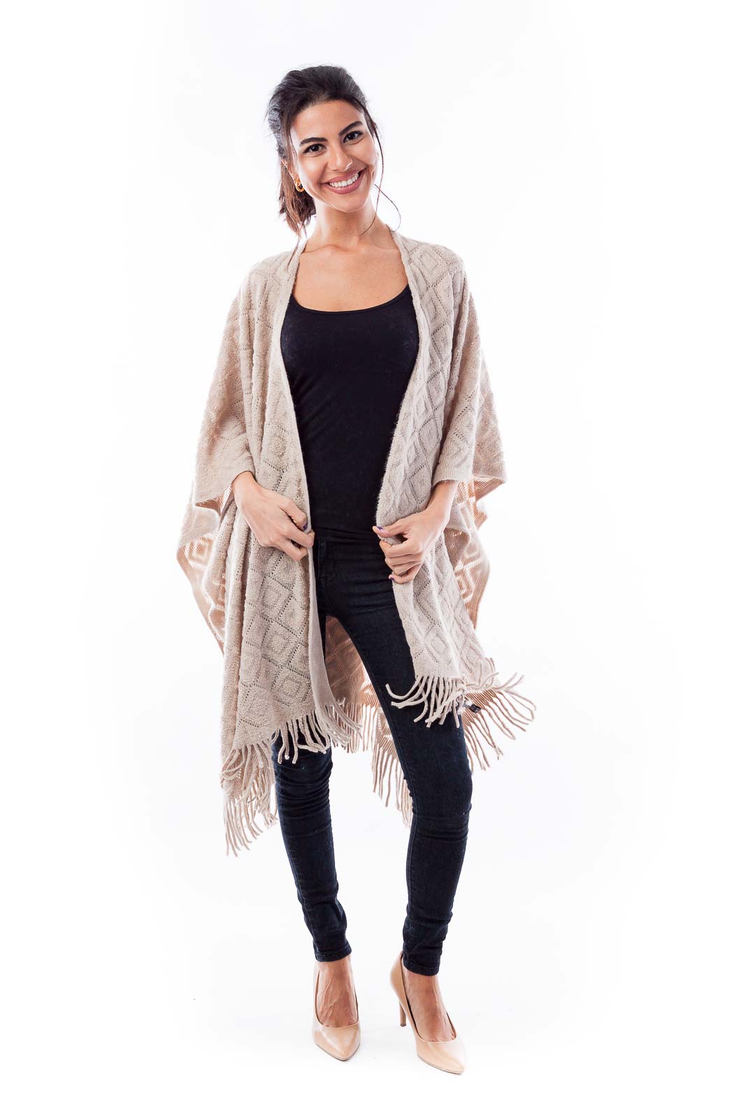 Beige Diamond Pattern Poncho