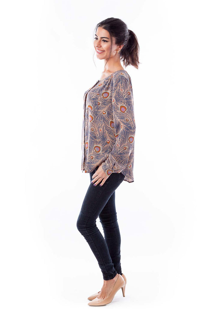 Blue and Beige Feather Print Top