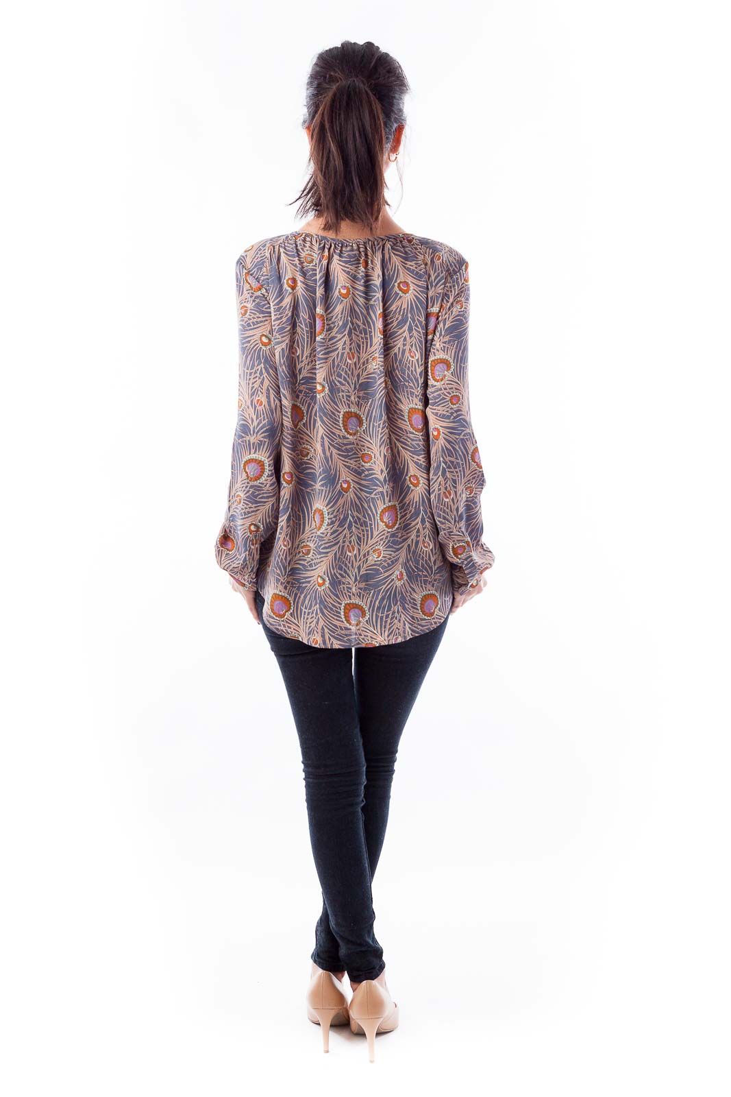 Blue and Beige Feather Print Top