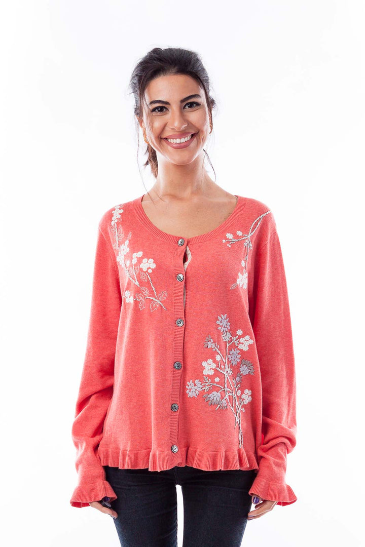 Coral Floral Embroidered Cardigan