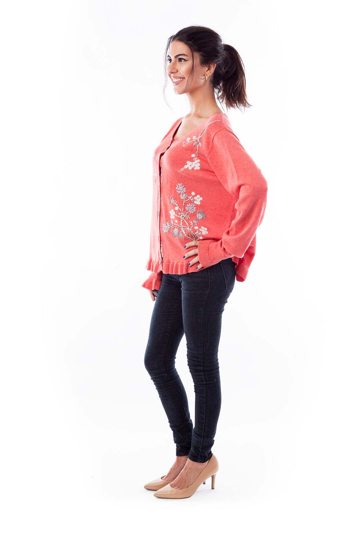 Coral Floral Embroidered Cardigan