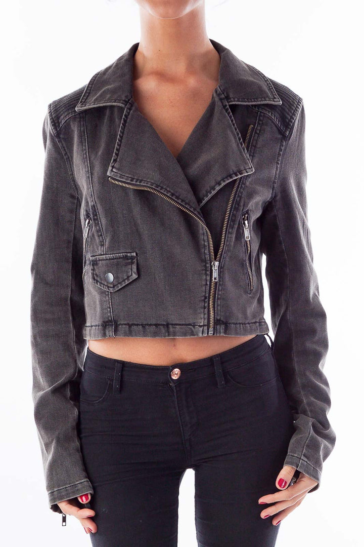 Front view of gray cropped denim moto jacket from Free People