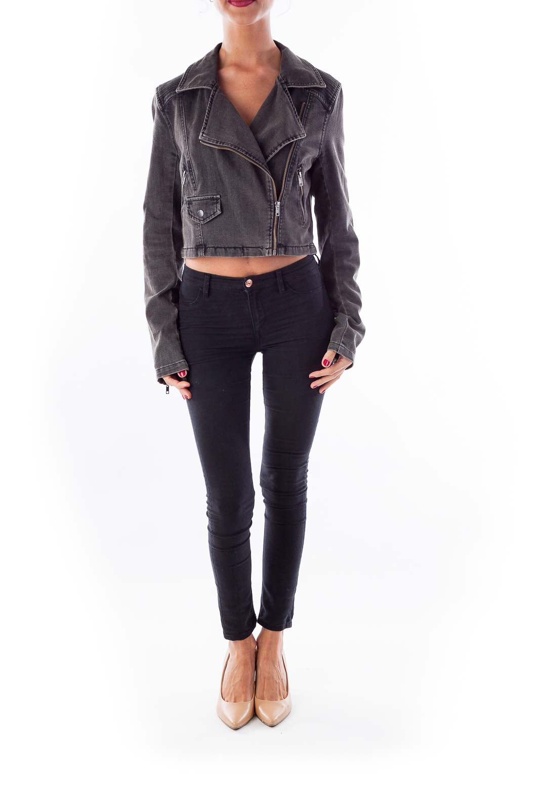 Front view of gray cropped denim moto jacket from Free People