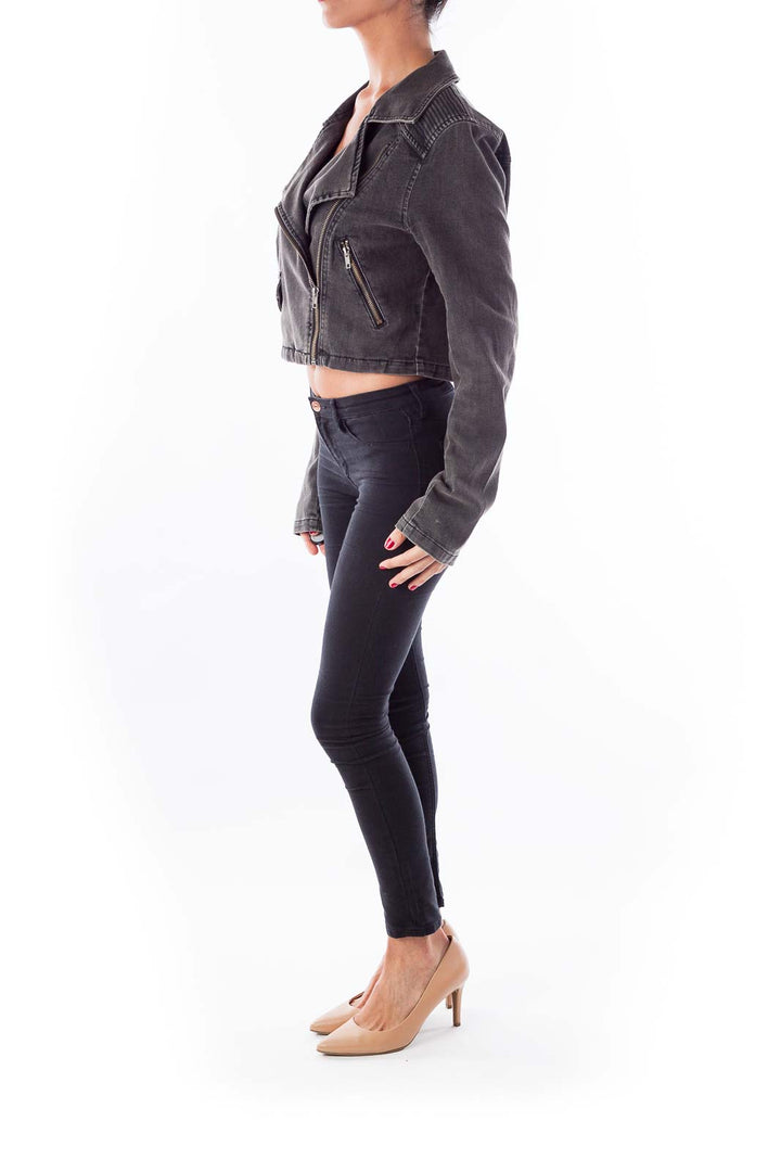 Front view of gray cropped denim moto jacket from Free People