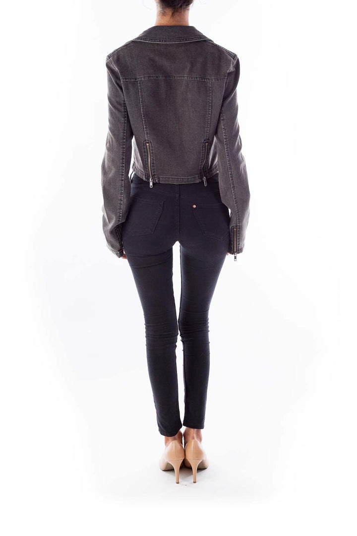 Back view of gray cropped denim moto jacket from Free People