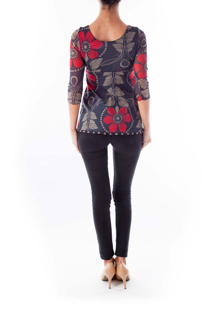 Gray & Red Flower Print Top