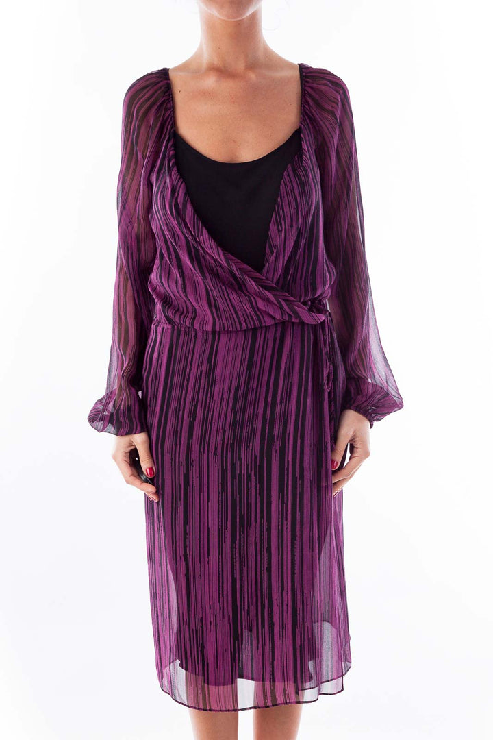 Purple & Black Striped Chiffon Dress