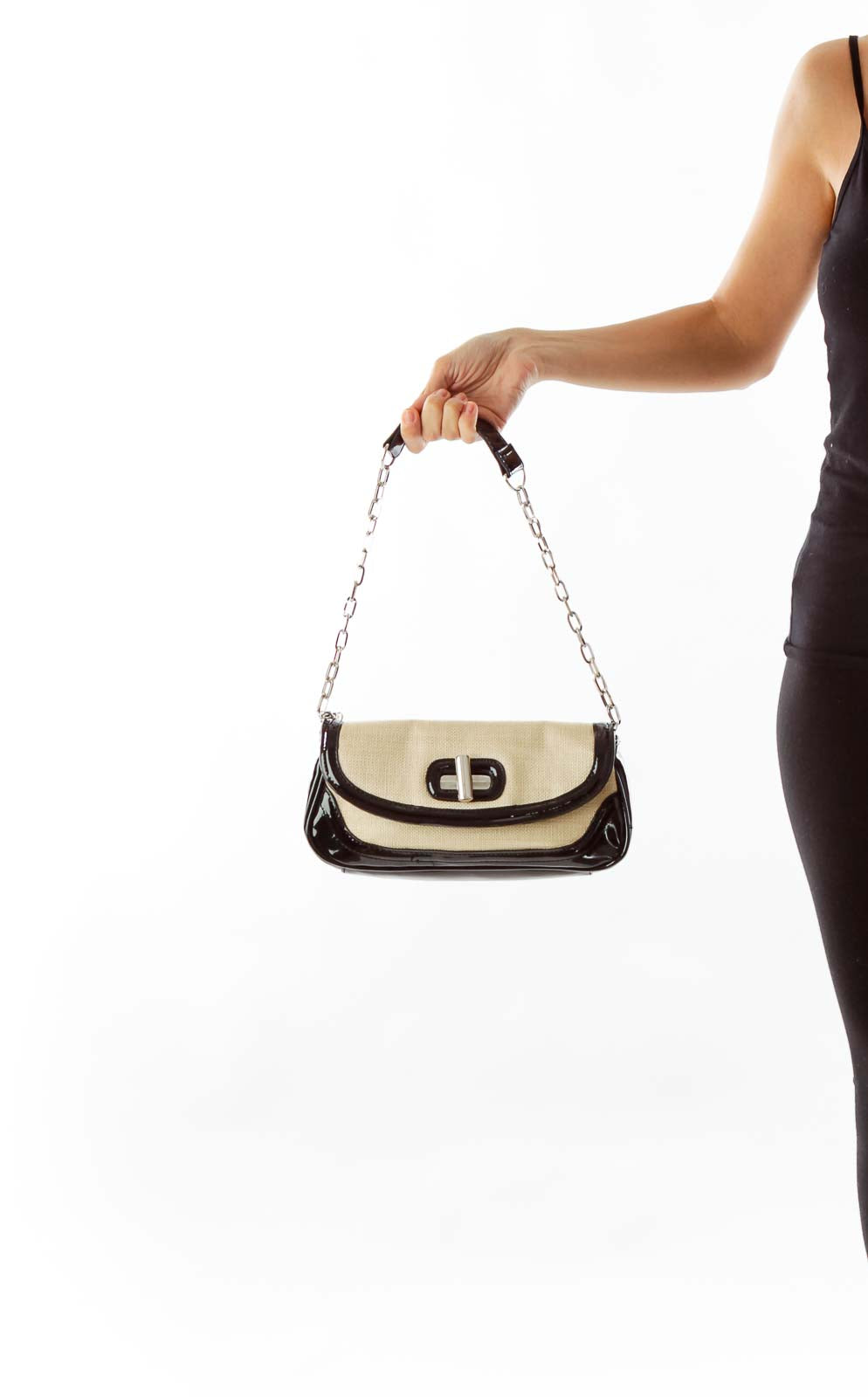 Beige & Black Patent & Woven Shoulder Bag