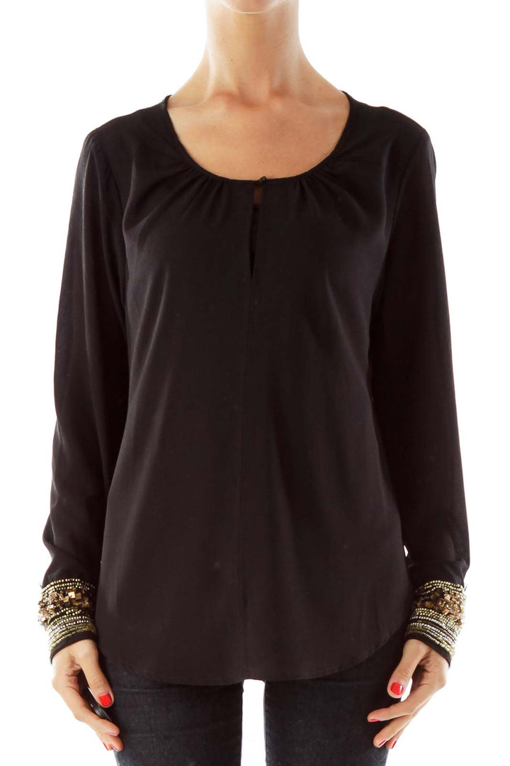 Black Loose Blouse, Beaded Detail Sleeve