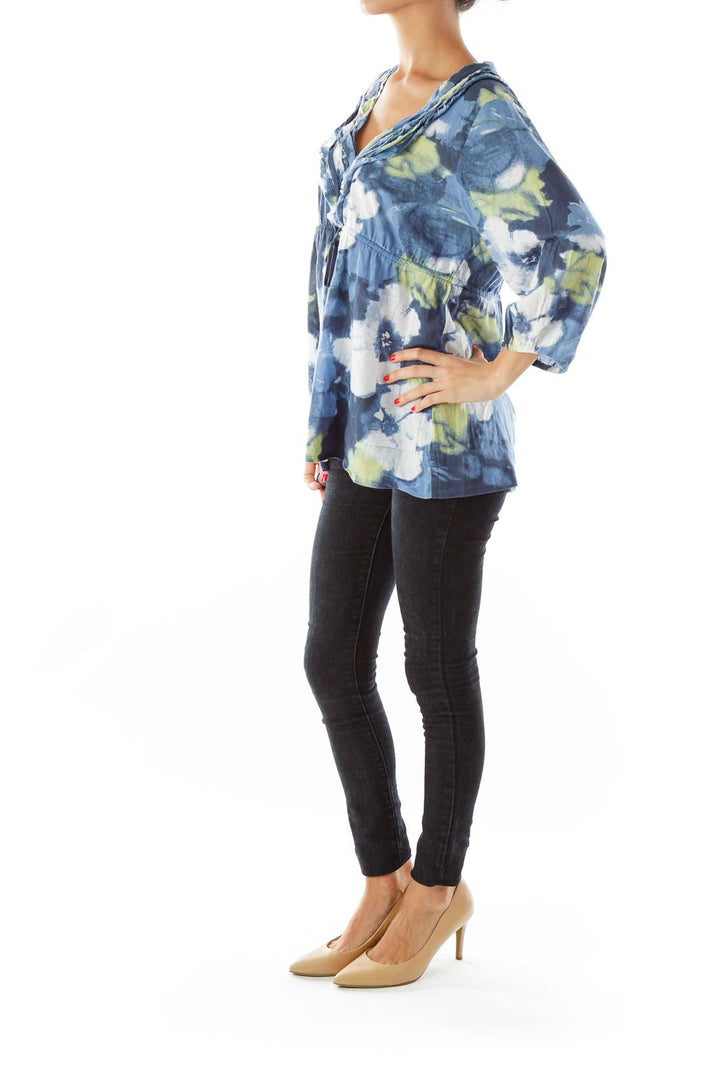 Blue & Green Floral Tie Die Top