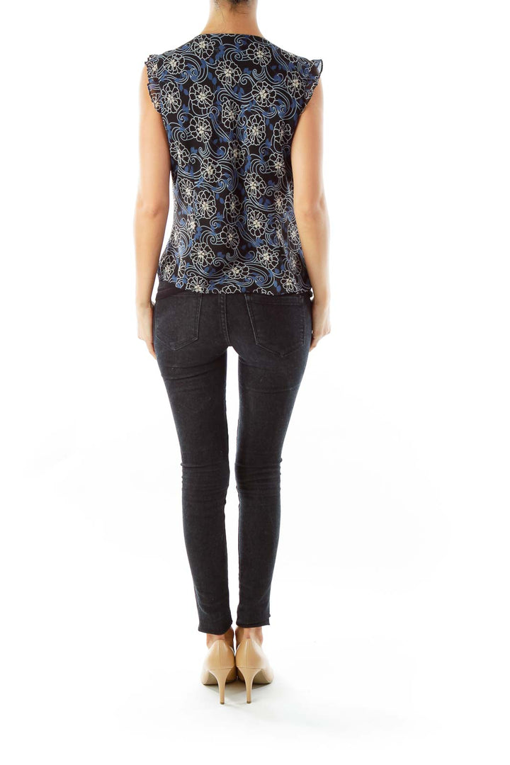 Blue Floral Print Sleeveless Blouse