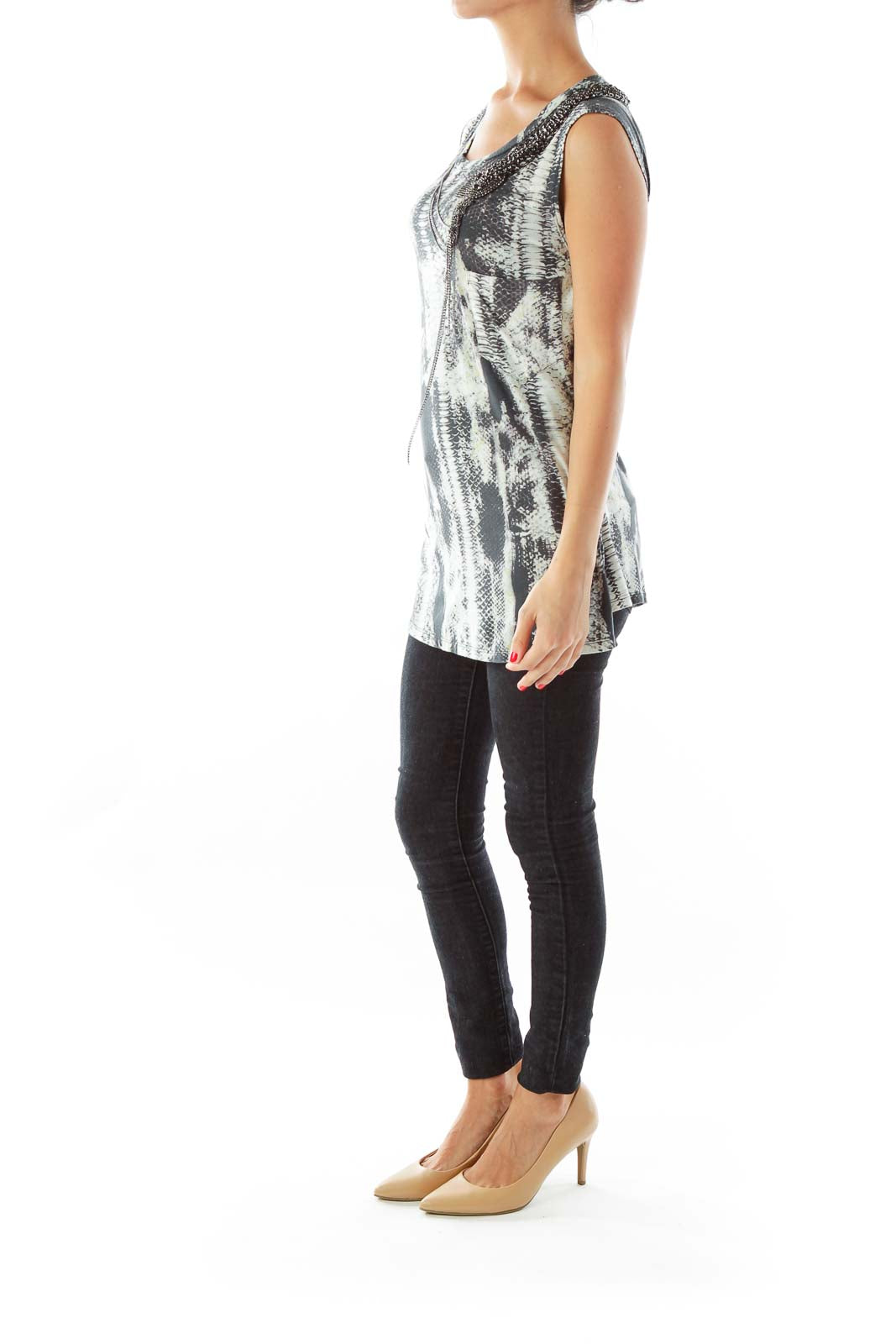 Gray Beaded Print Tank Top