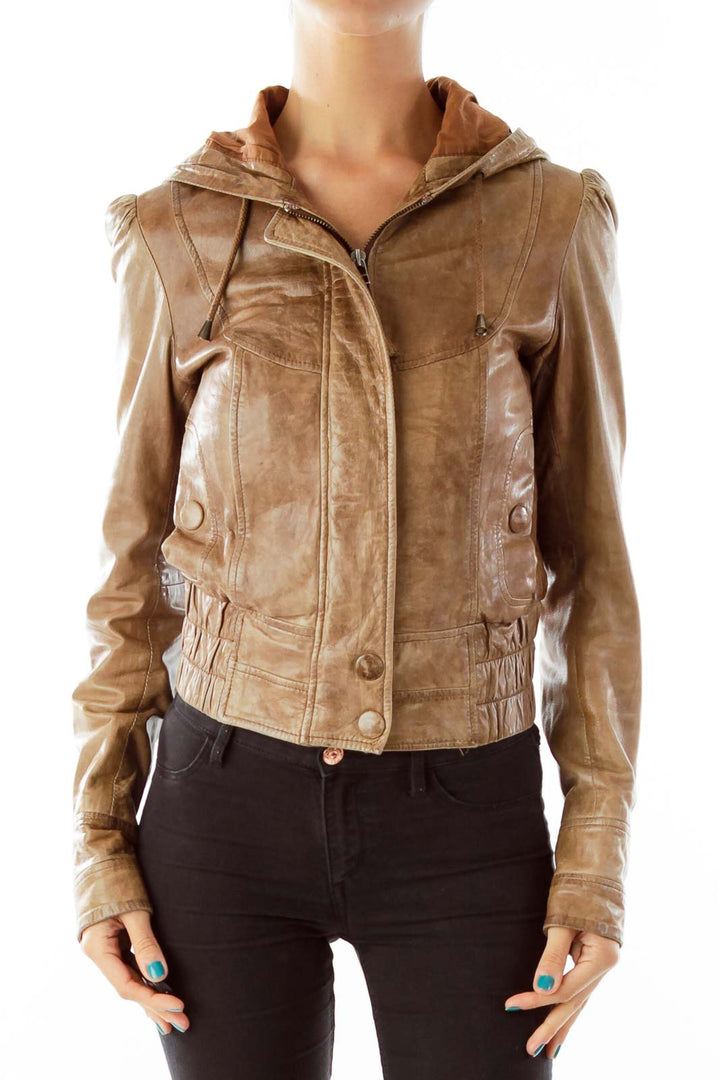 Brown Leather Hooded Jacket