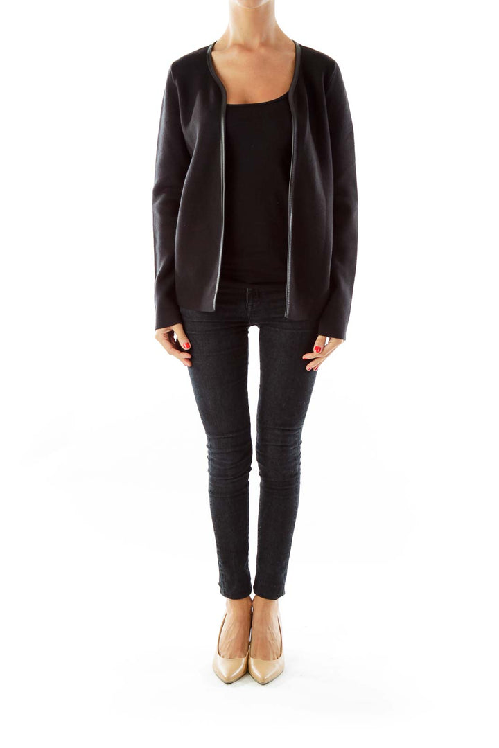 Black Leather Trim Open Cardigan