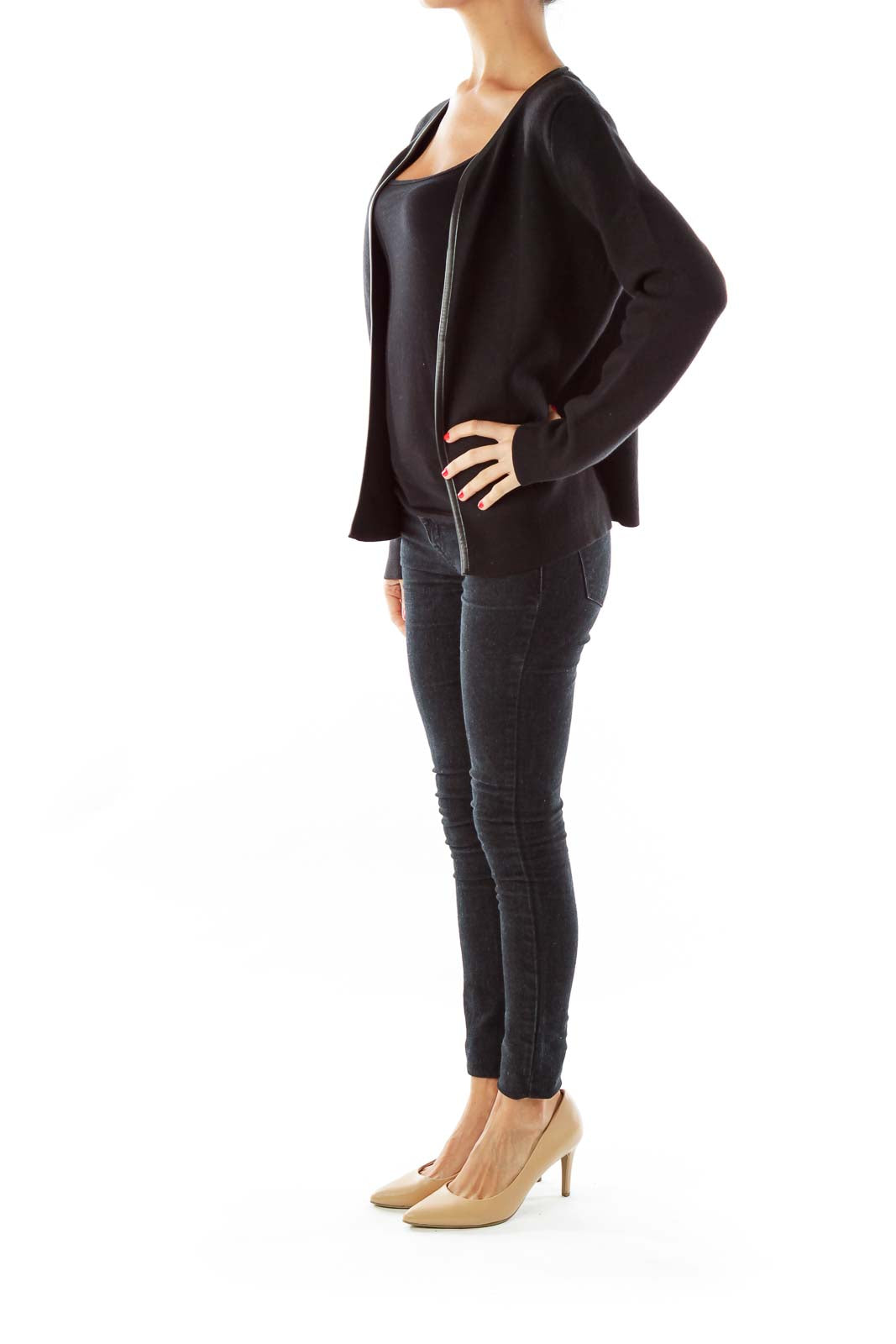 Black Leather Trim Open Cardigan