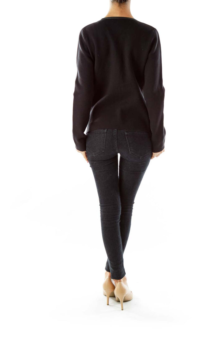 Black Leather Trim Open Cardigan