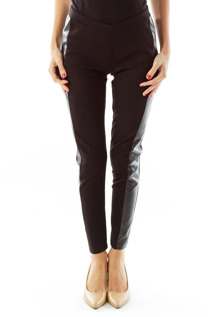 Black Faux-Leather Trim Leggings