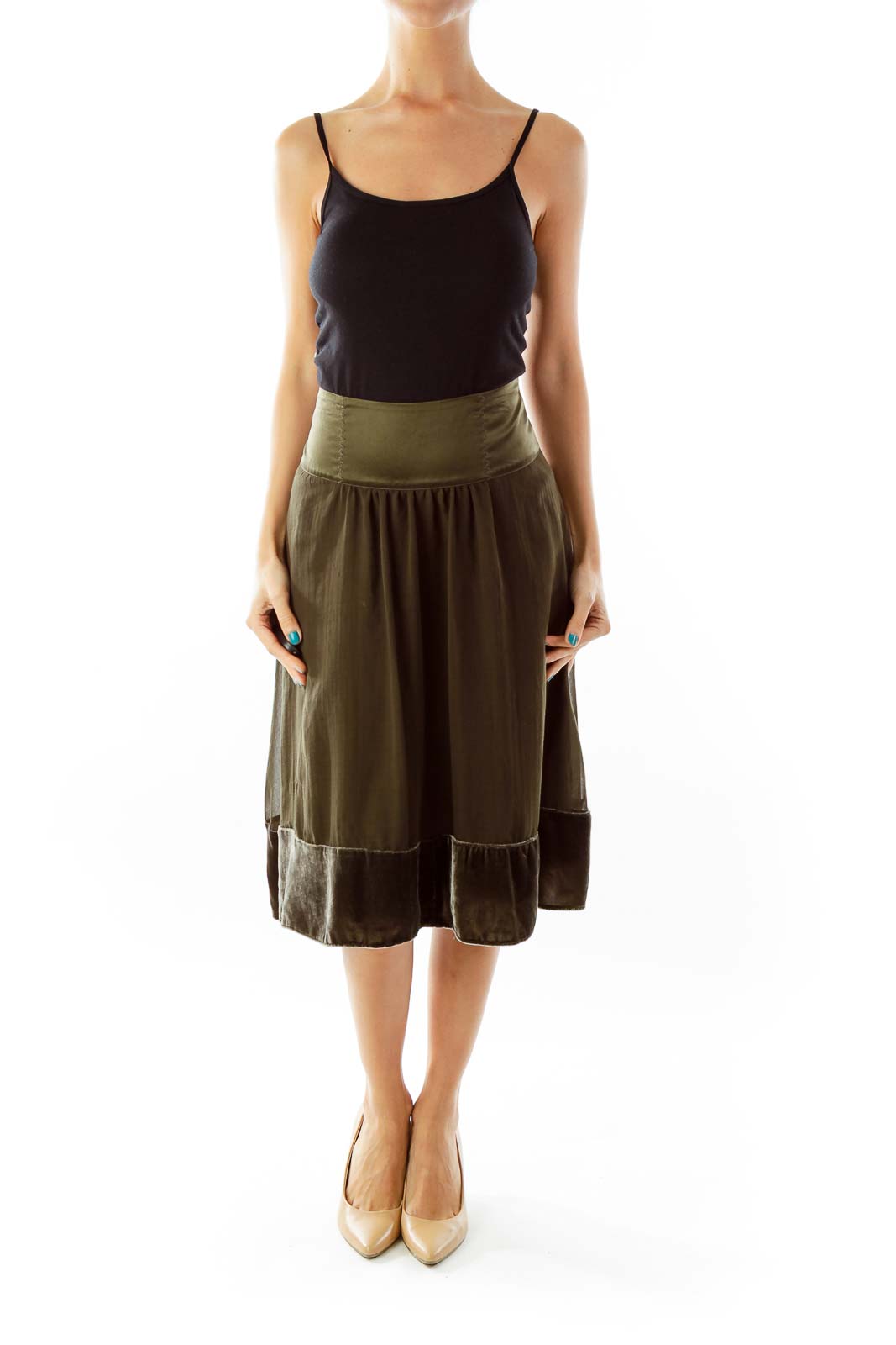 Army Green Flared Skirt w/ Velvet Detail