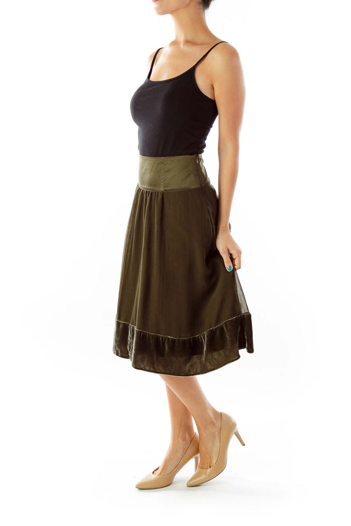 Army Green Flared Skirt w/ Velvet Detail