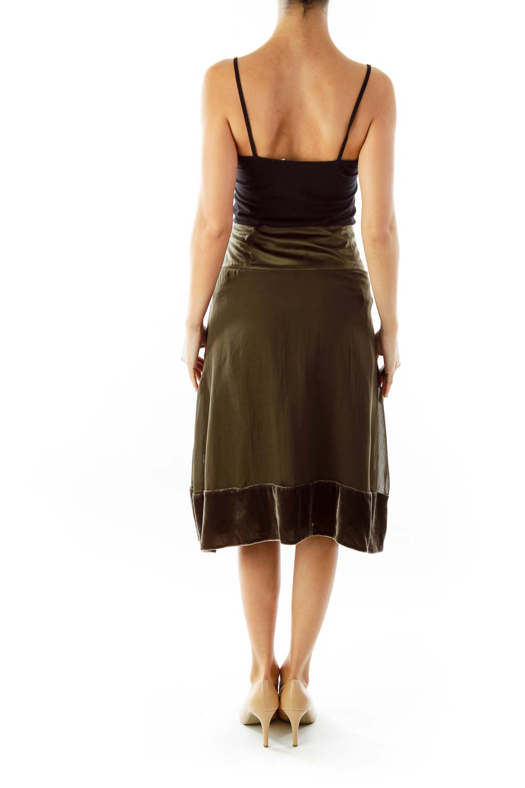 Army Green Flared Skirt w/ Velvet Detail