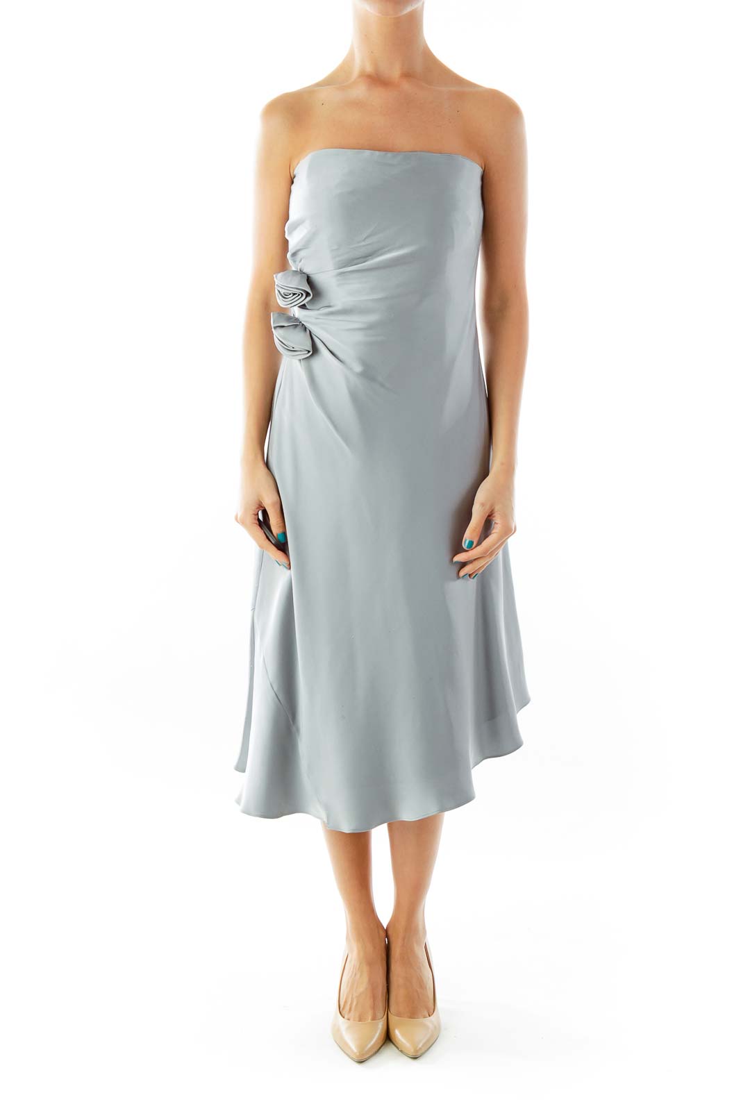 Blue Silver Strapless Dress w/ Flower Detail