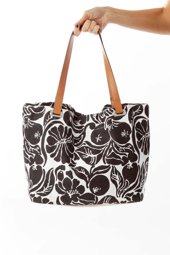 Black & White Flower Print Canvas Tote