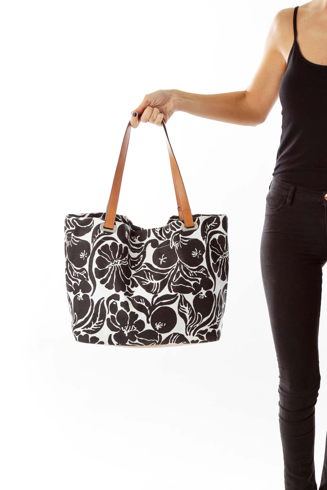 Black & White Flower Print Canvas Tote