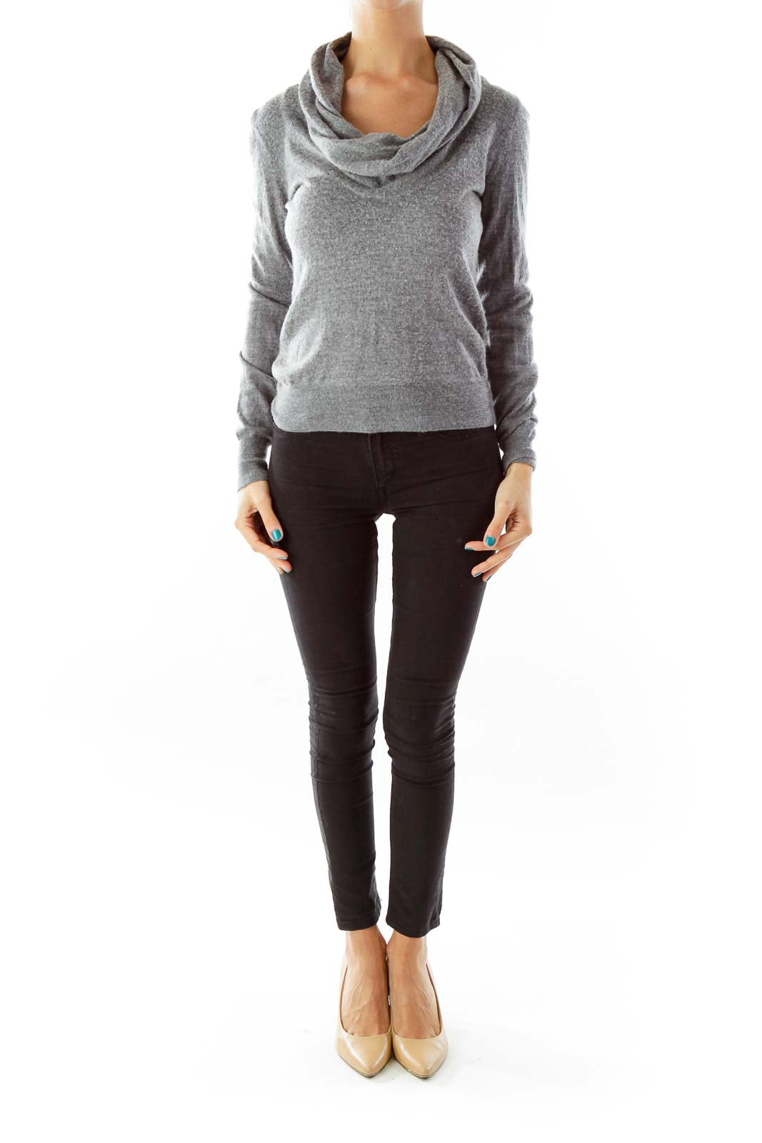 Gray Fitted Knit Top w/ Loose Neck