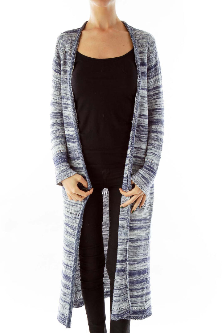 Blue & White Long Knit Cardigan