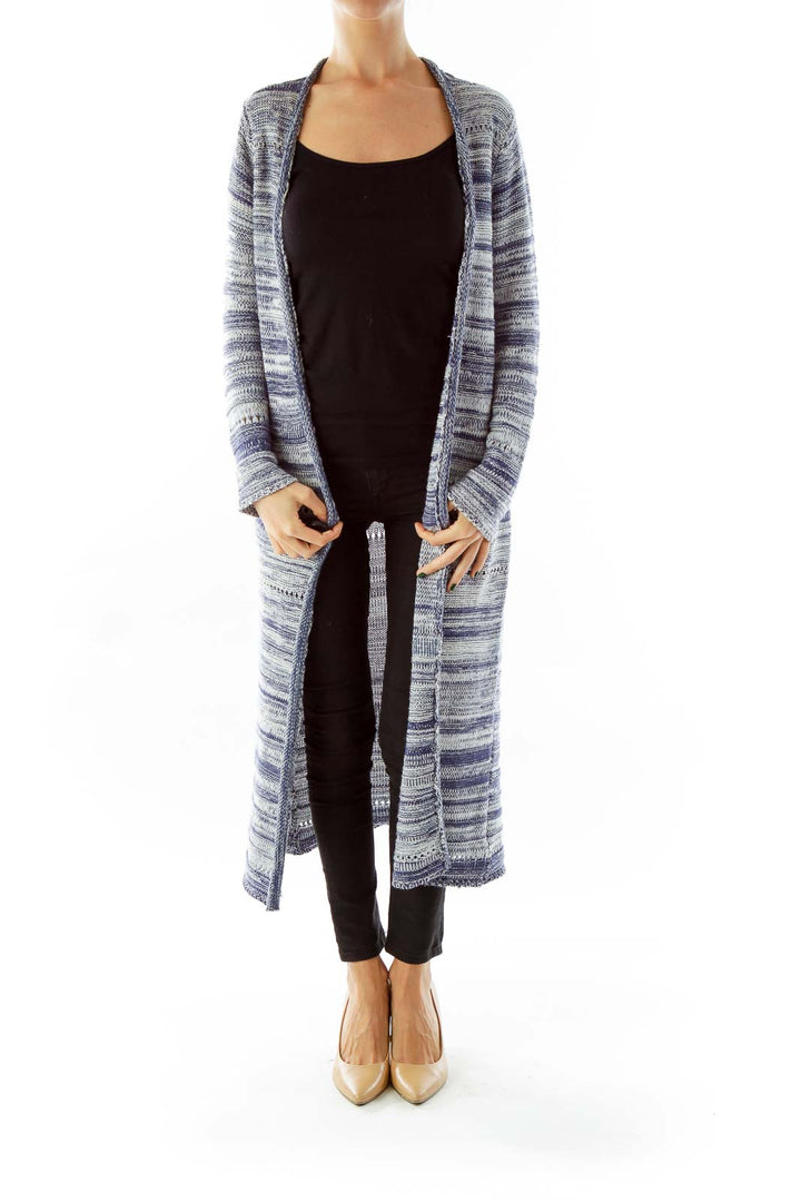 Blue & White Long Knit Cardigan