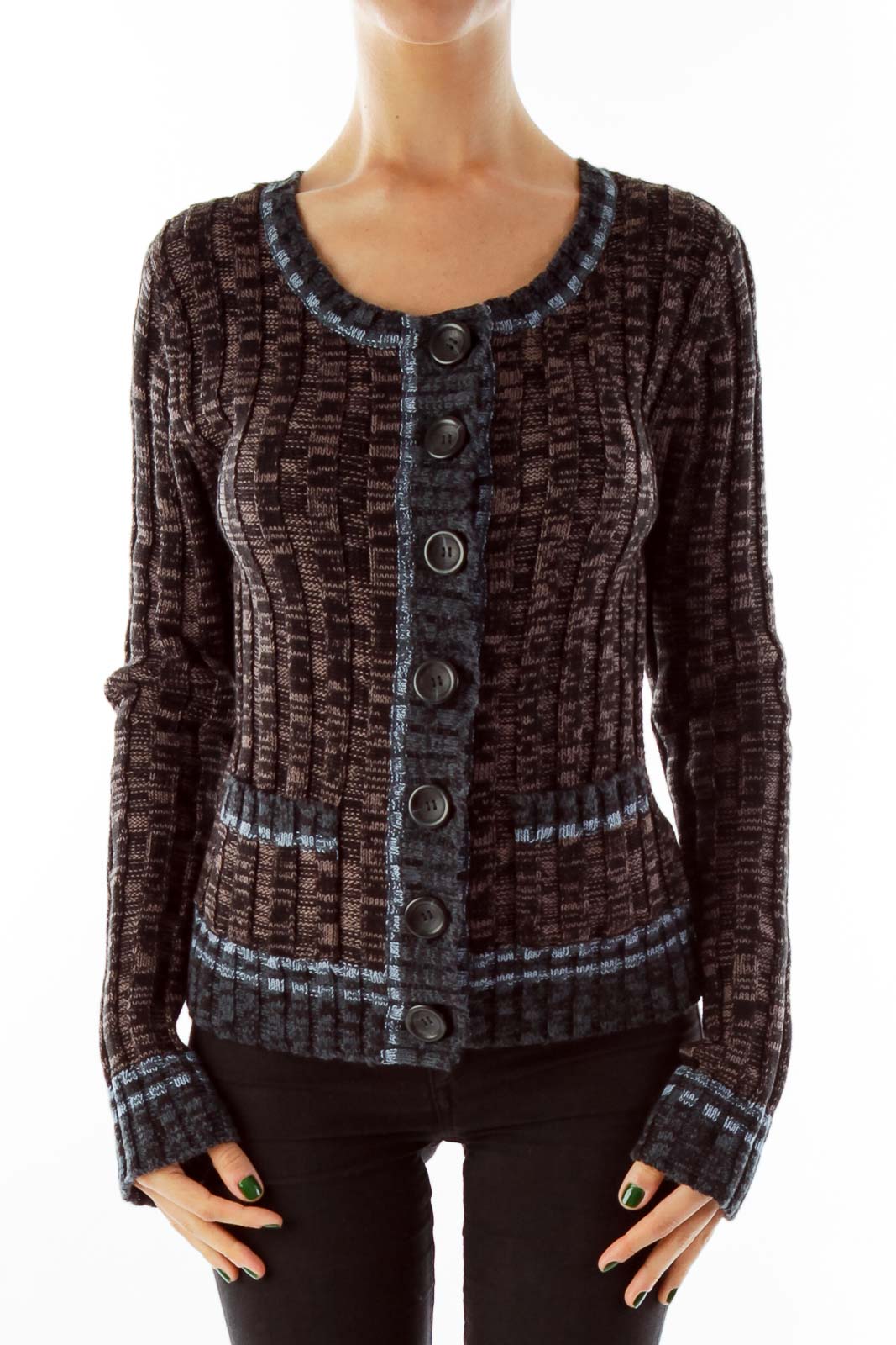 Front view of brown textured Free People cardigan with blue trim and button-up front