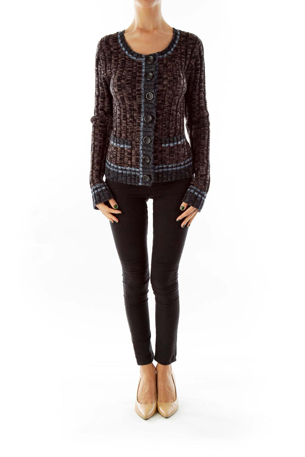 Front view of brown textured Free People cardigan with blue trim and button-up front